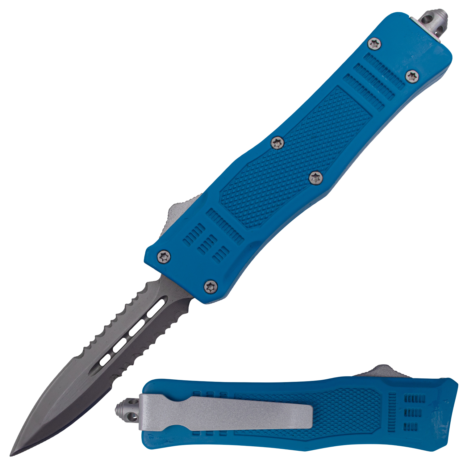 Covert OPS USA OTF Automatic Knife 7 Inch Overall Double Serrated Blue